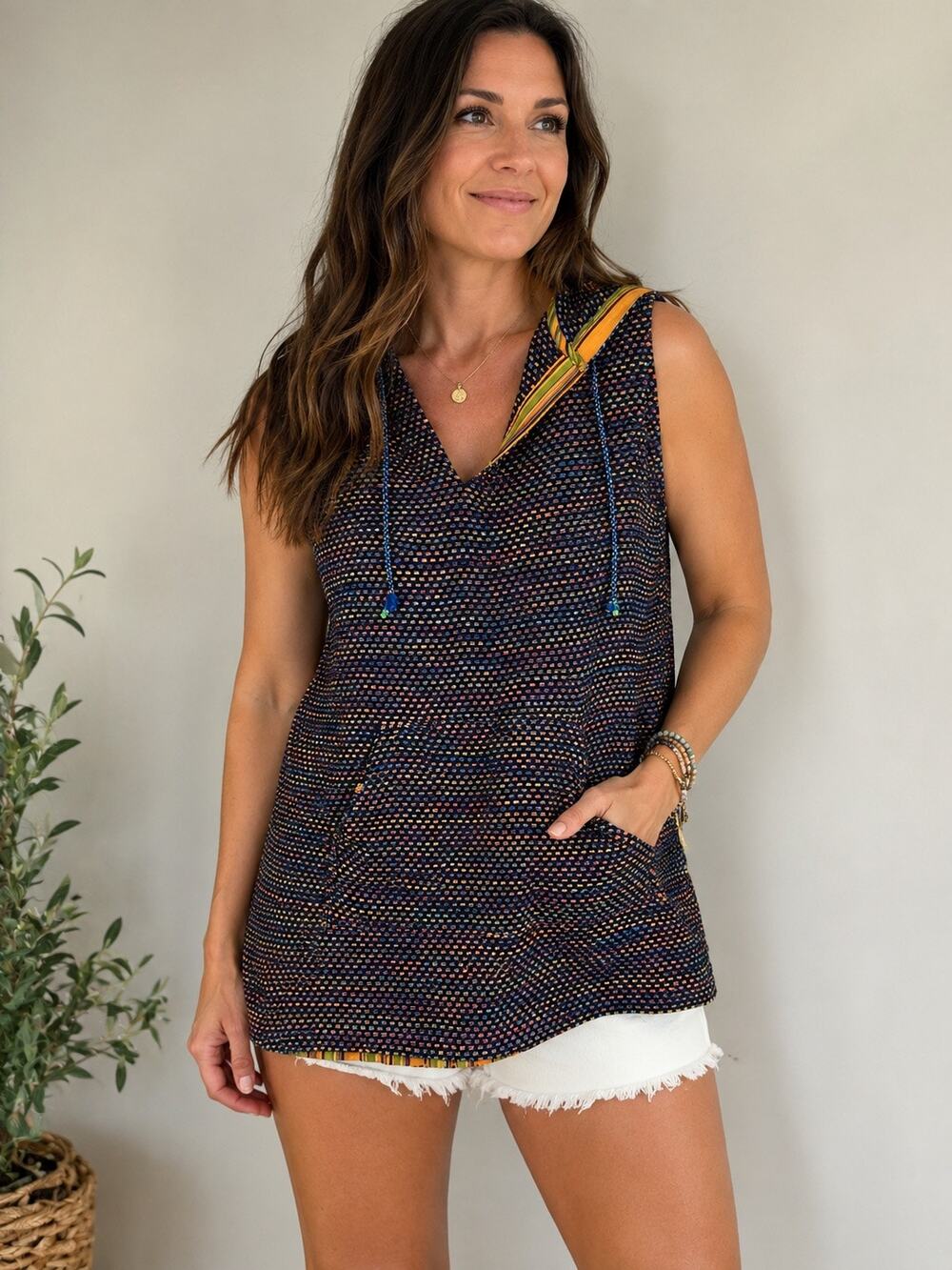 Warm Size 0 Hoodie Sweater Tank Black Multi Knit Cotton Pullover Sleeveless